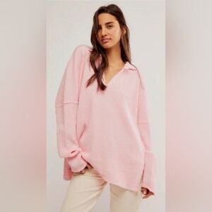 Free People We The Free Travis Polo Waffle Knit Thermal Top Size L Pink Oversize